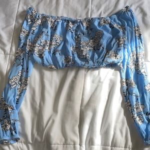 Elodie crop top, shoulderless, blue with floral print, size small
